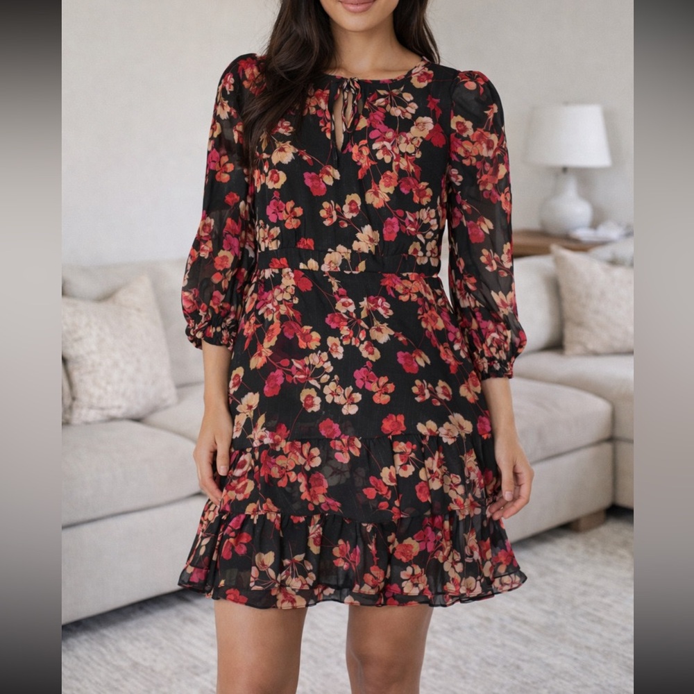 Tommy Hilfiger Black and Reddish Pink Floral Long Sleeve Dress metallic NWT - Picture 1 of 11